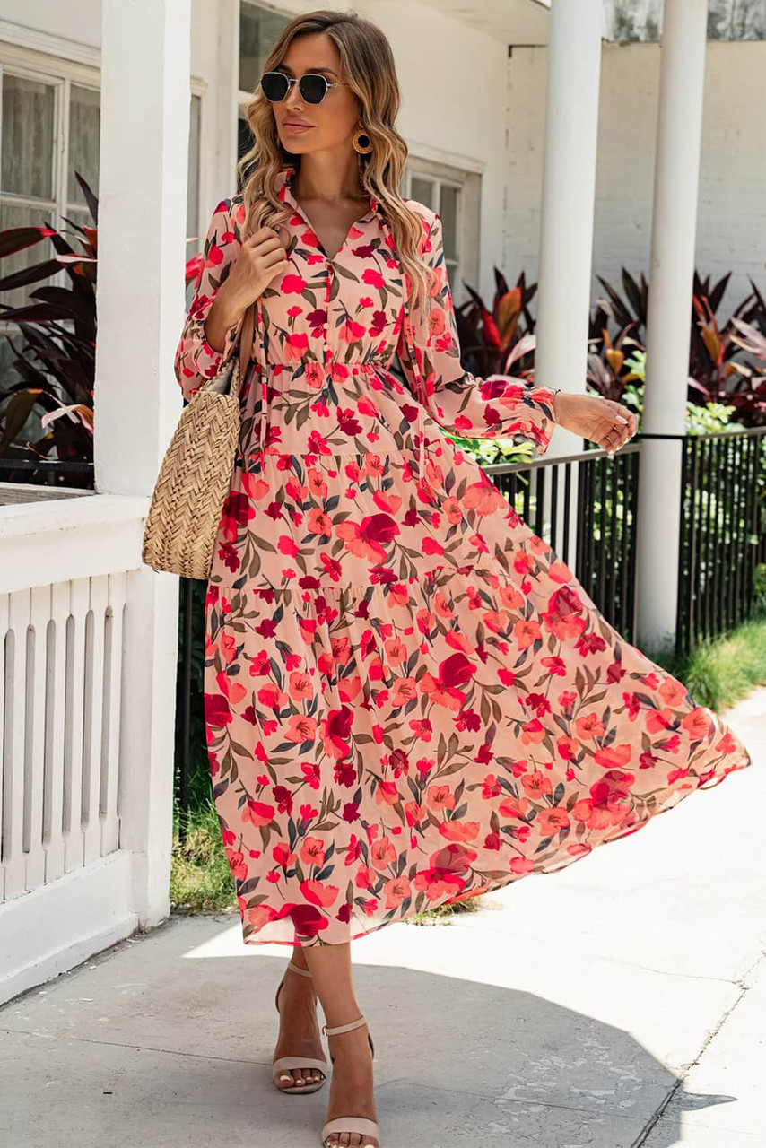 Frilled Collar Long Sleeve Tiered Maxi Floral Dress