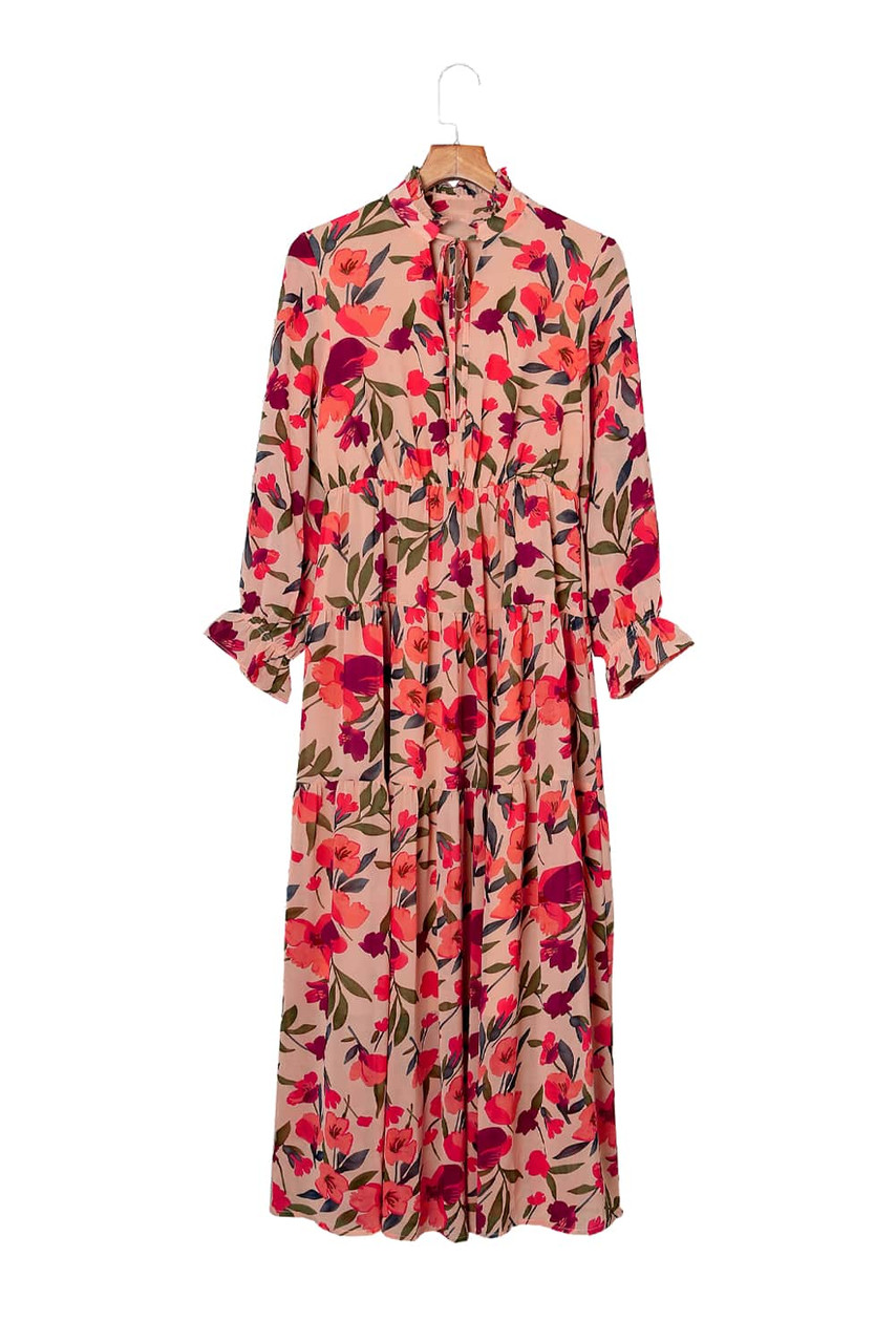 Frilled Collar Long Sleeve Tiered Maxi Floral Dress | dealst