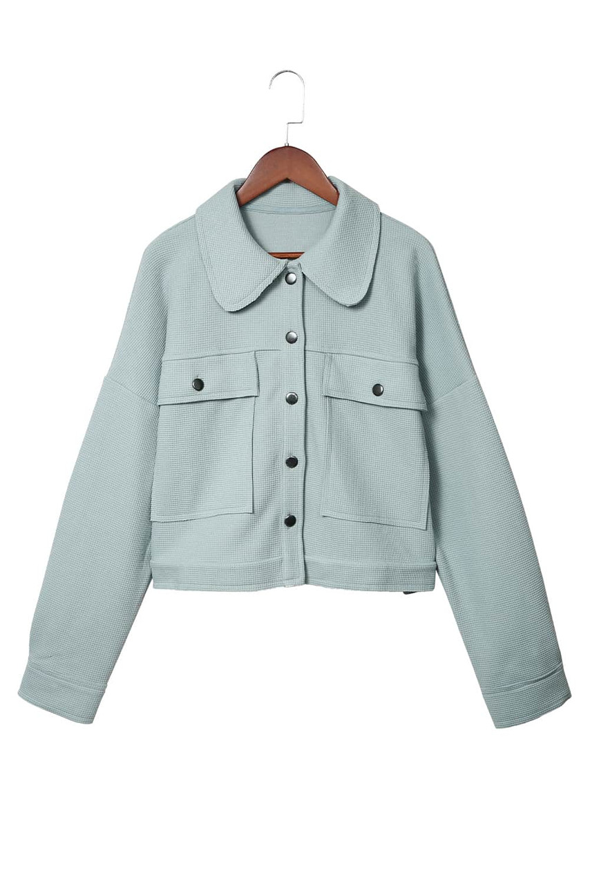 Sky Blue Waffle Knit Buttons Cropped Jacket with Pockets