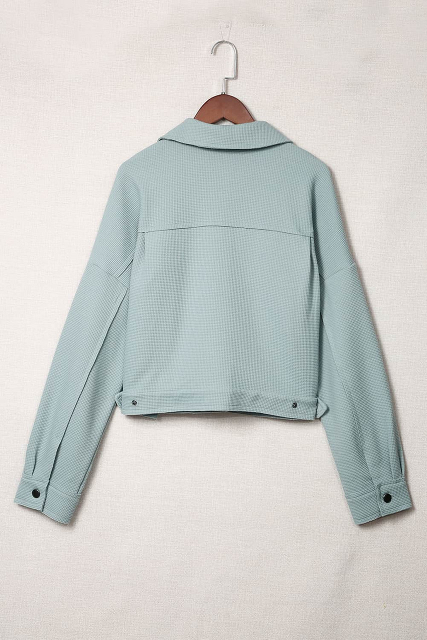 Sky Blue Waffle Knit Buttons Cropped Jacket with Pockets