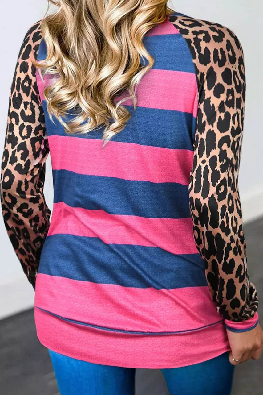 Rose Leopard Striped Patchwork Long Sleeve Top
