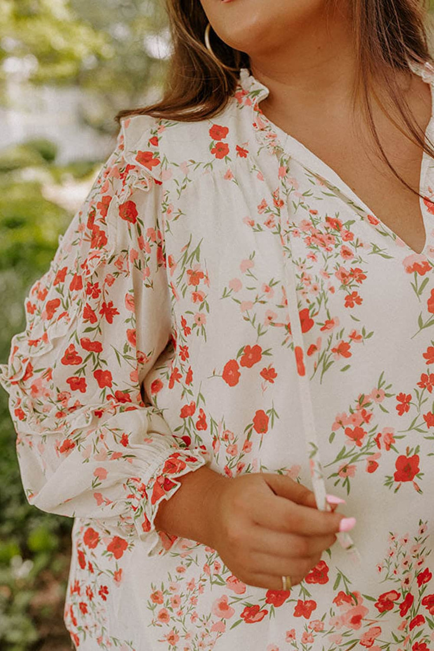 Split V Neck Floral Plus Size Blouse with Ruffles