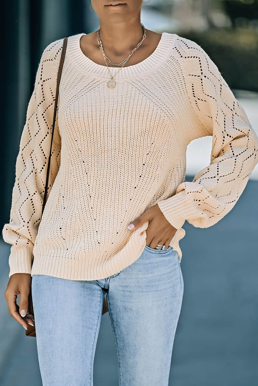 Beige Hollow-out Puffy Sleeve Knit Sweater