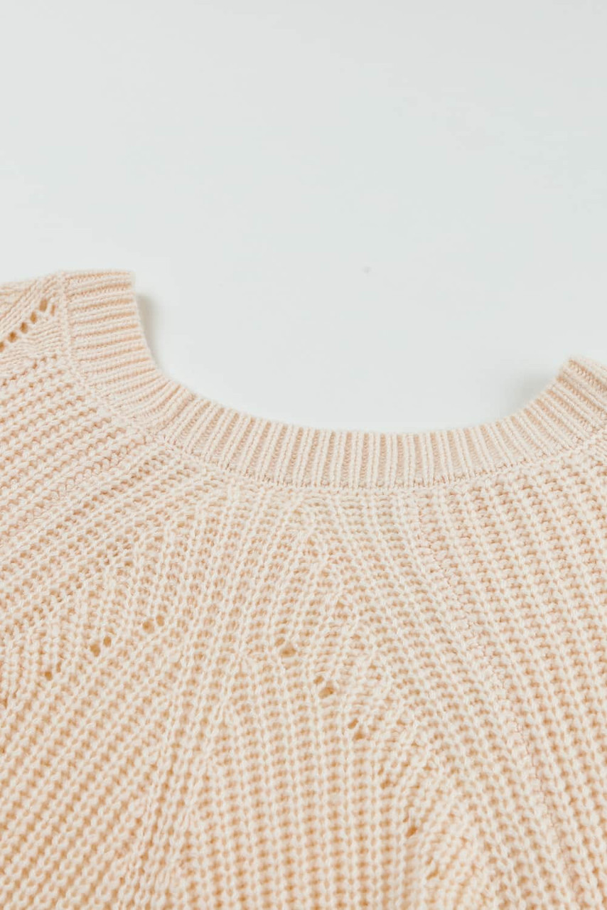 Beige Hollow-out Puffy Sleeve Knit Sweater