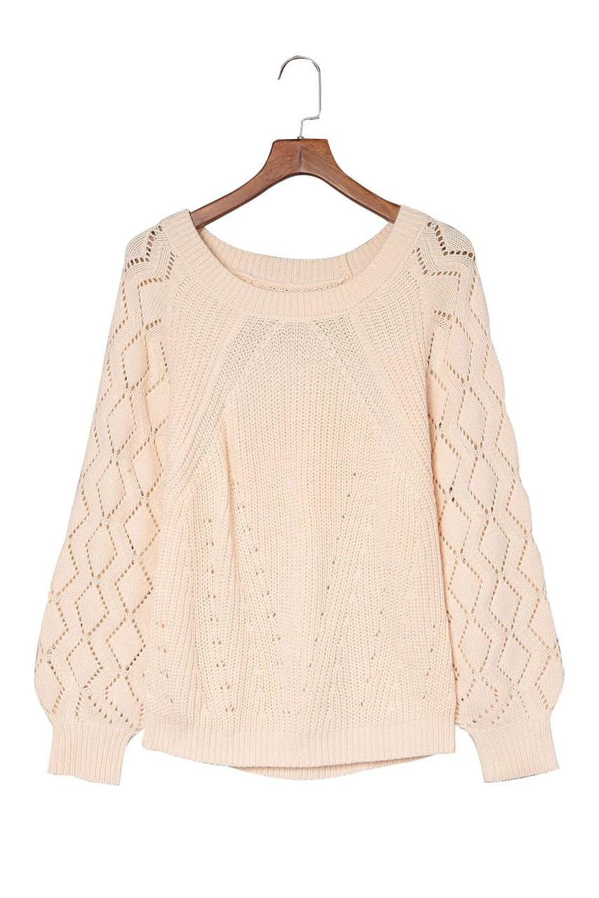 Beige Hollow-out Puffy Sleeve Knit Sweater