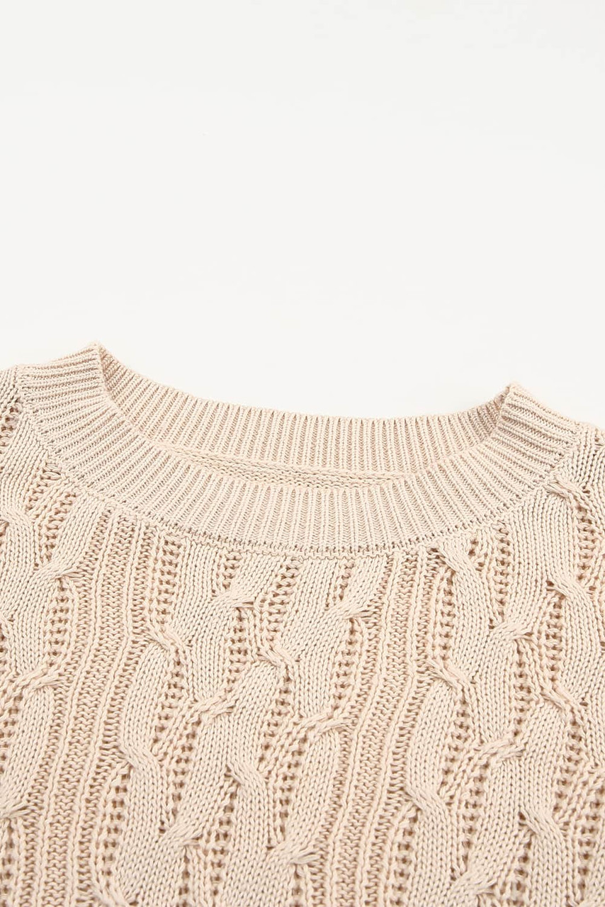 Beige Frilled Shoulder Detail Cable Knit Sweater