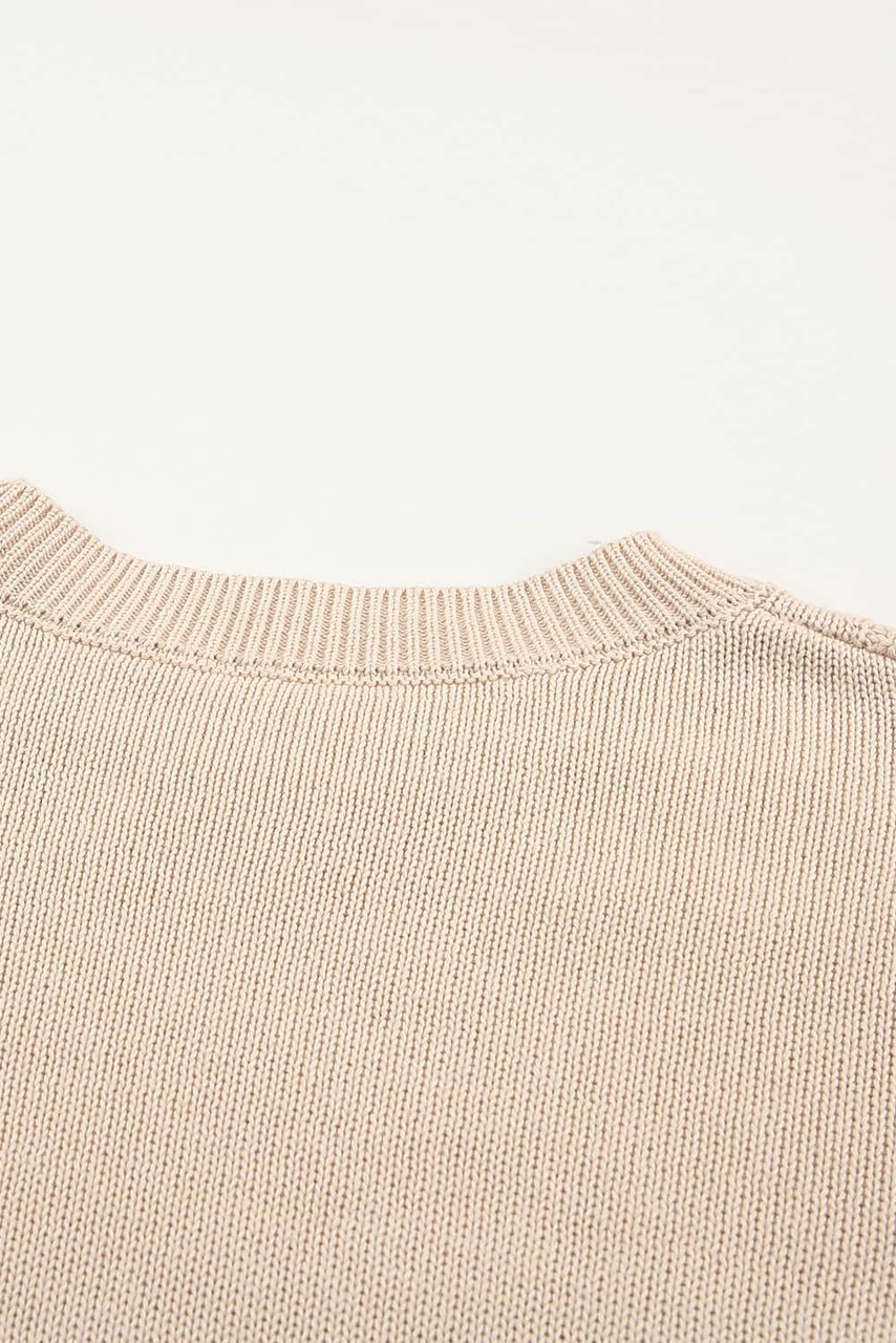 Beige Frilled Shoulder Detail Cable Knit Sweater