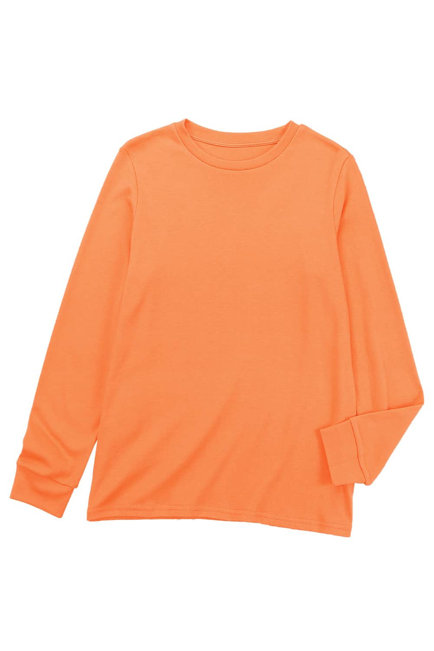 Orange Plain Crew Neck Long Sleeve Top