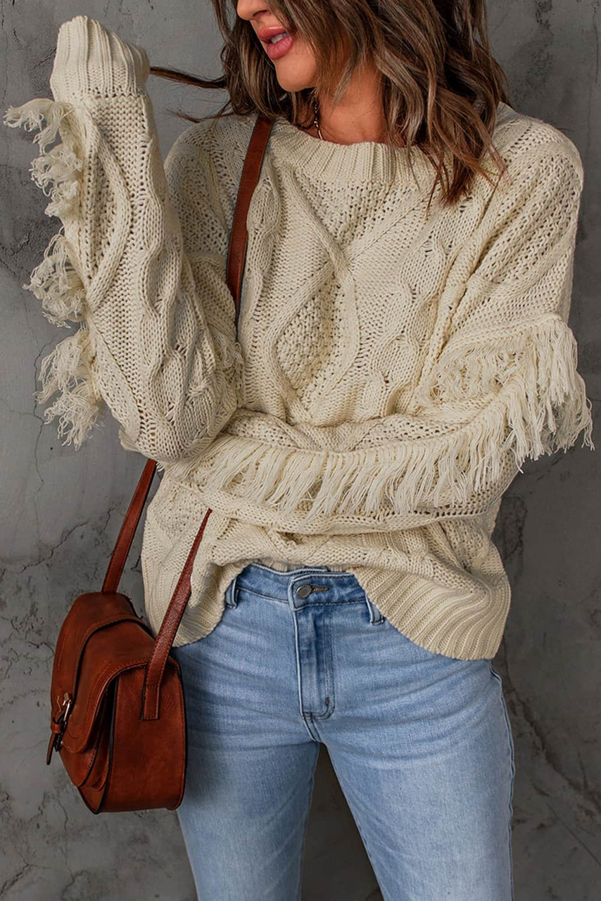 Apricot Cable Knit Fringe Trim Sweater