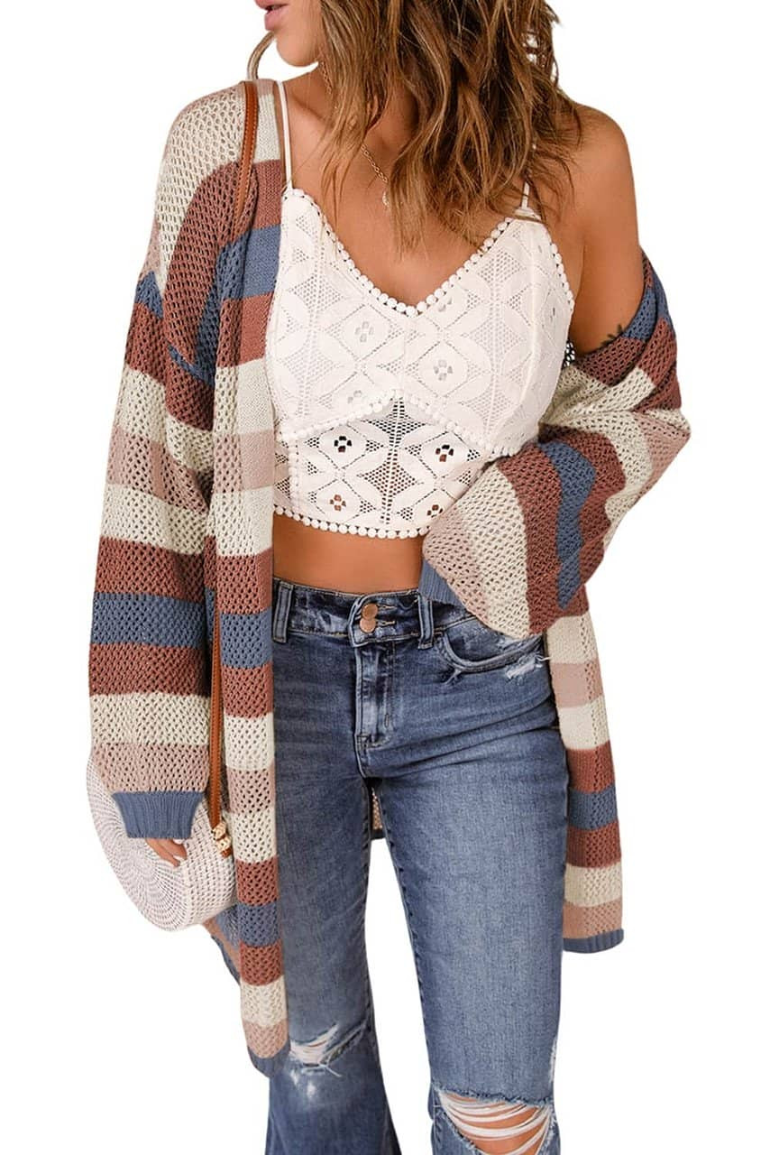 Blue Striped Color Block Hollowed Knit Cardigan