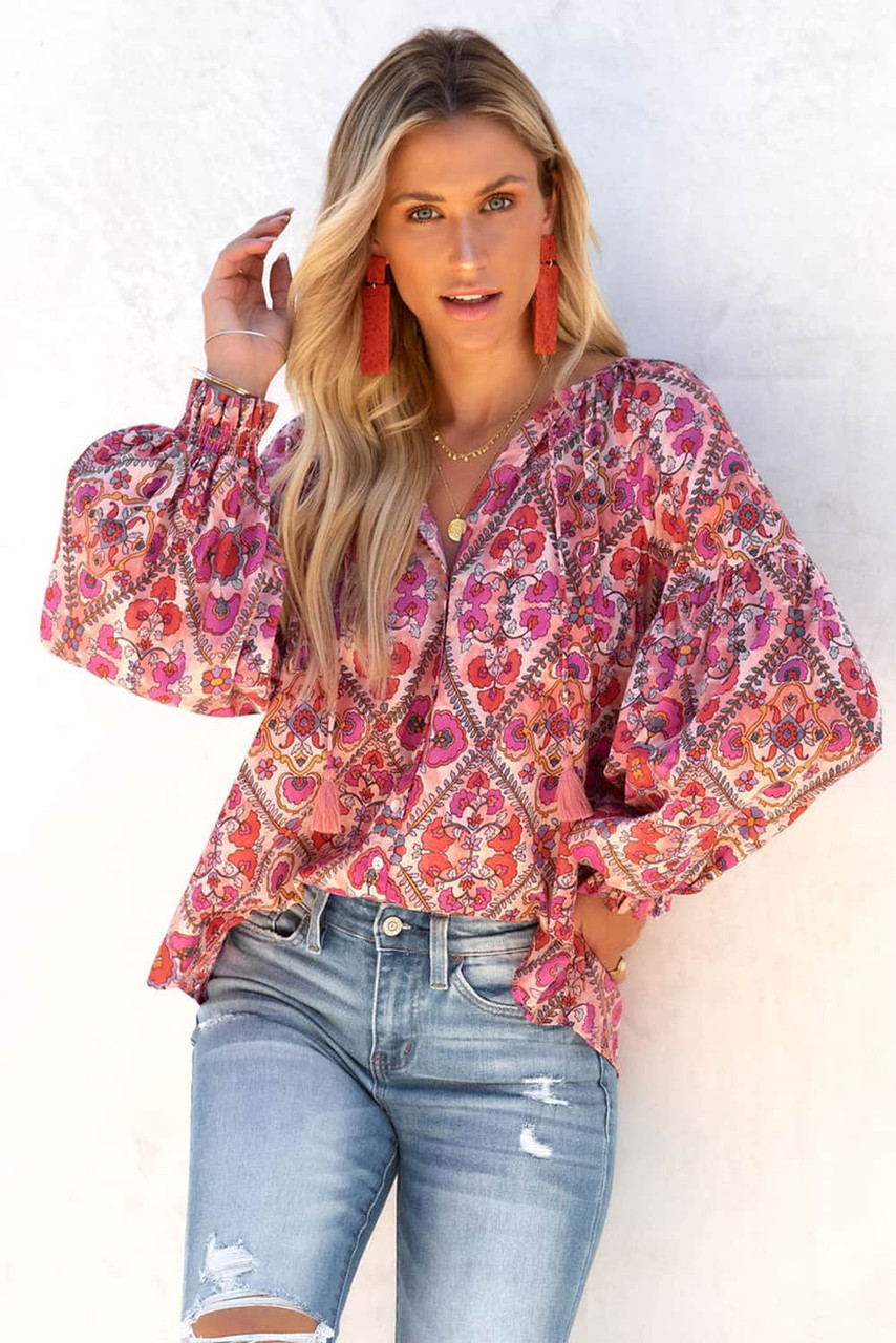 Rose Split Neckline Front Buttons Floral Print Blouse