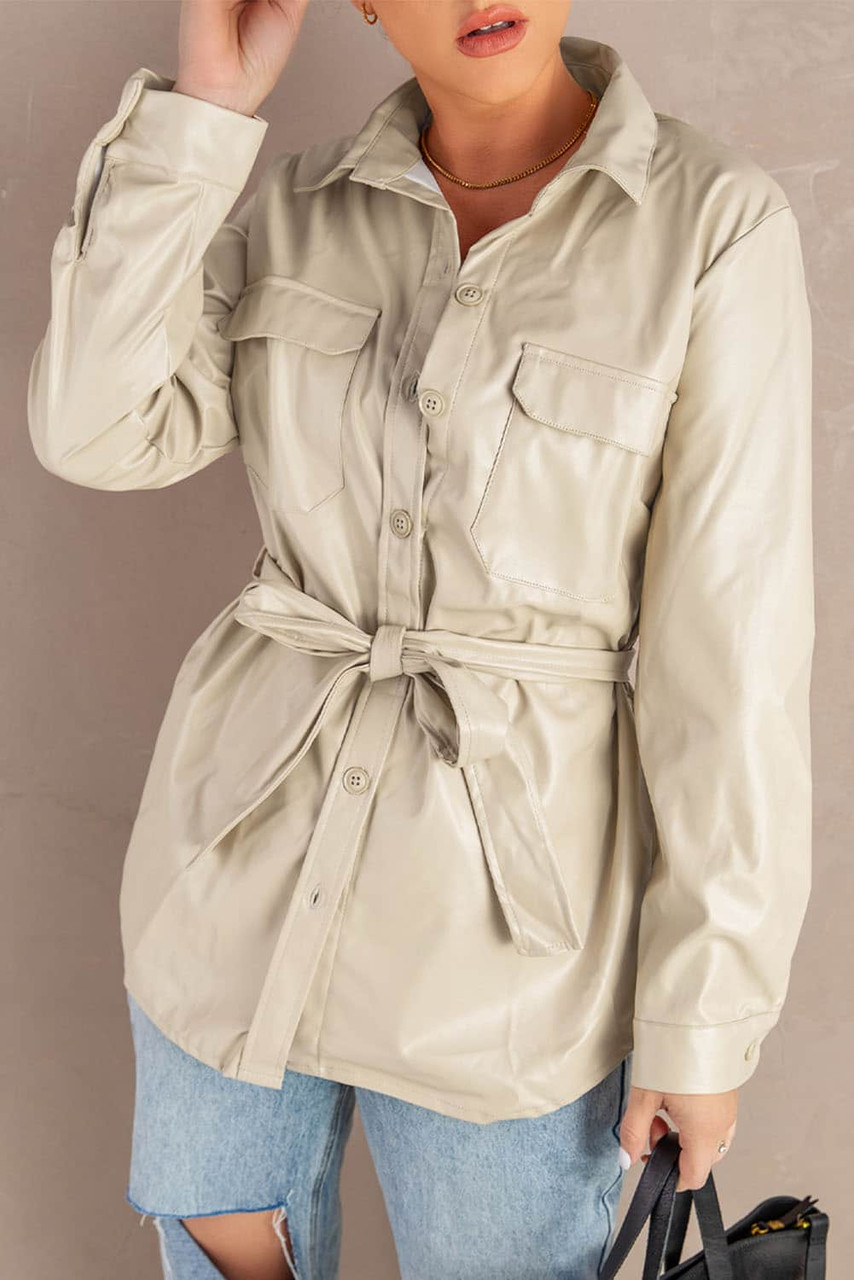 Apricot Flip Breast Pocket Tied Waist PU Jacket