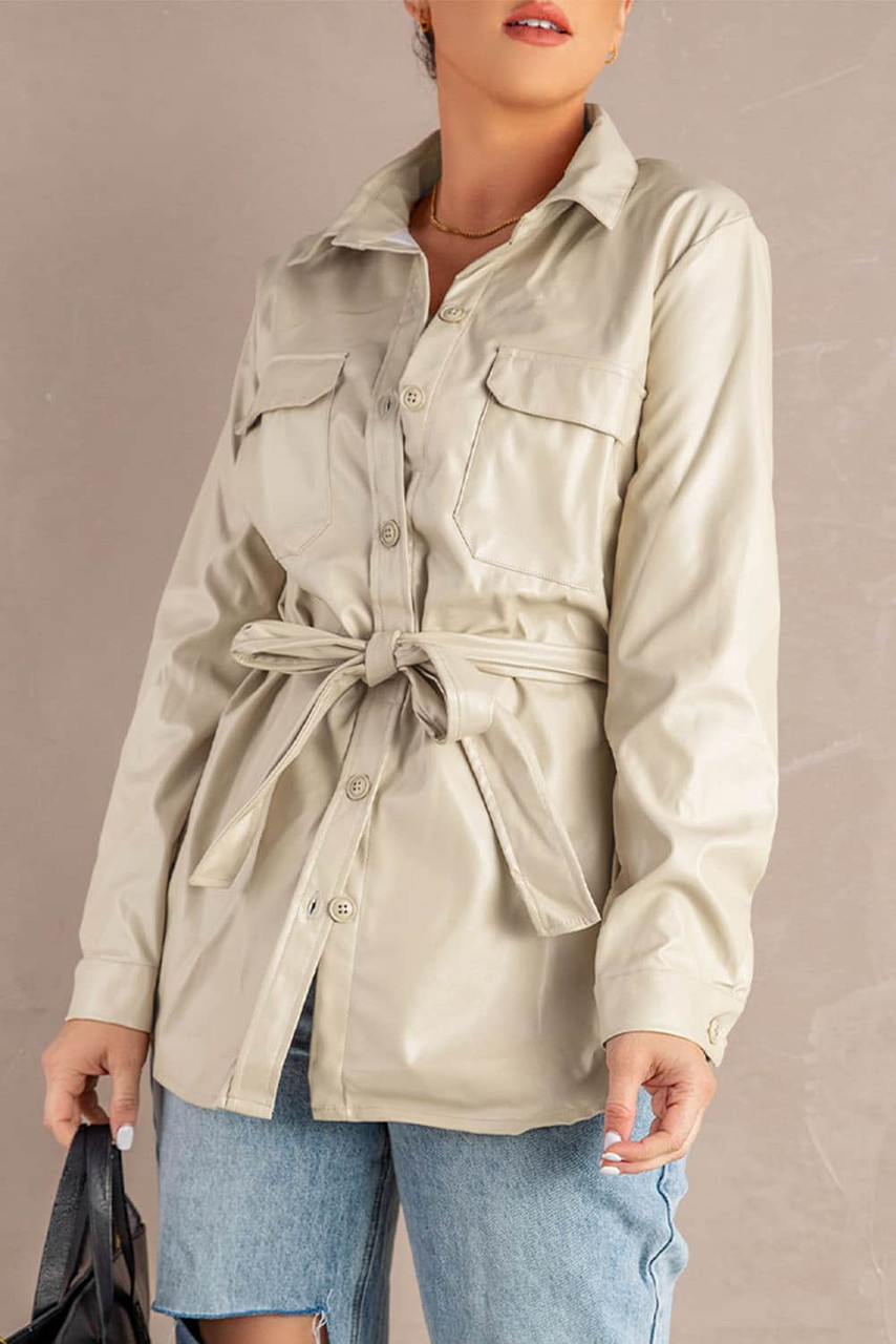 Apricot Flip Breast Pocket Tied Waist PU Jacket