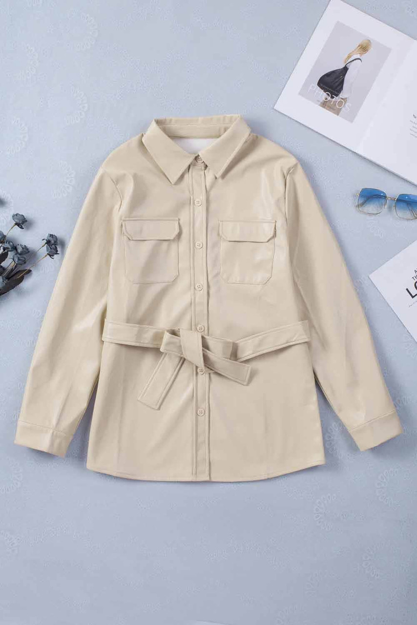 Apricot Flip Breast Pocket Tied Waist PU Jacket