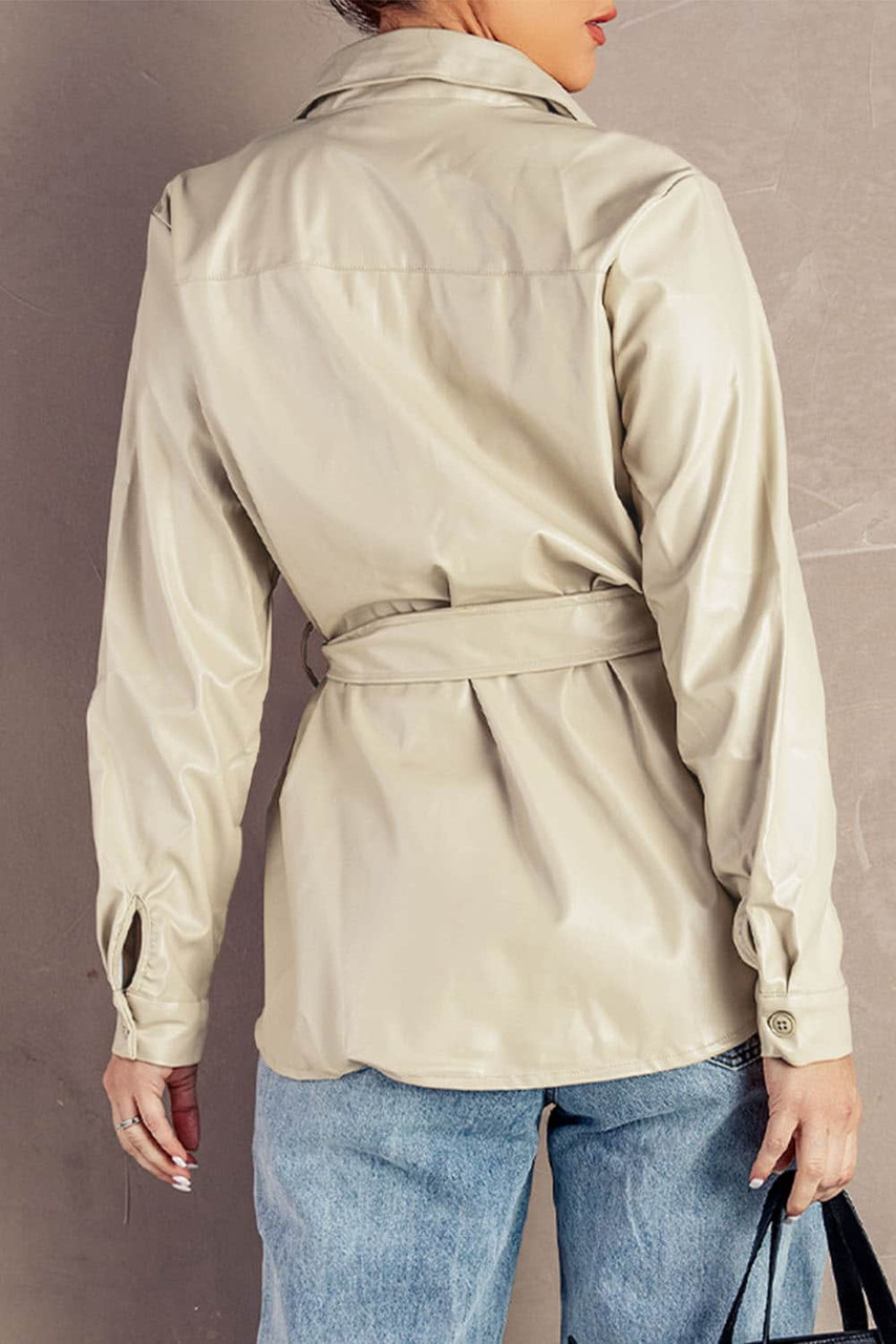 Apricot Flip Breast Pocket Tied Waist PU Jacket