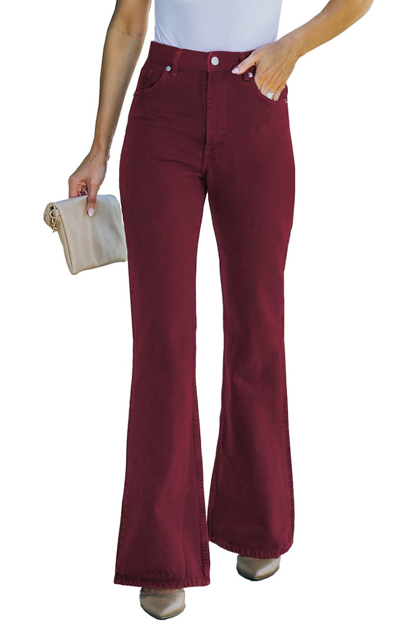 Burgundy High Waist Flare Jeans with Pockets