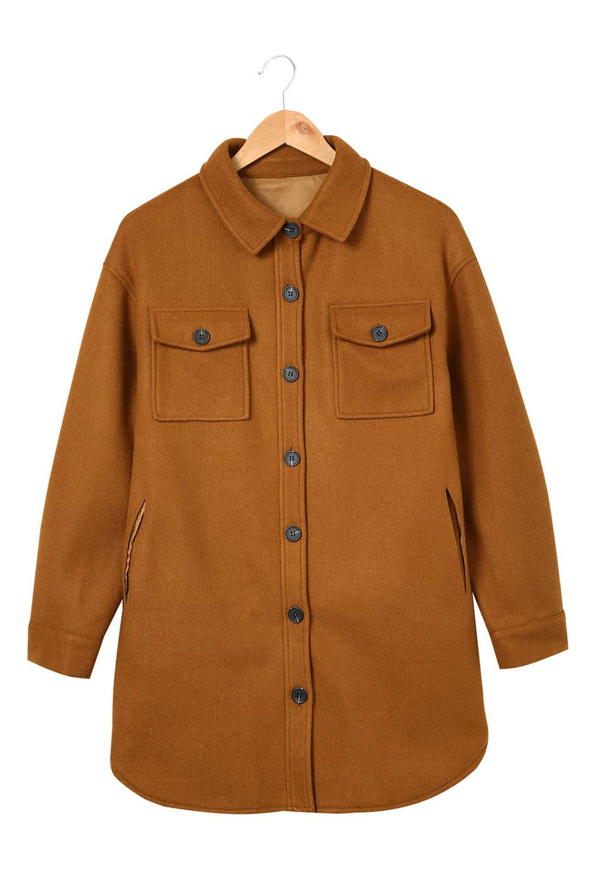 Brown Long Sleeve Pockets Buttoned Shirt Jacket