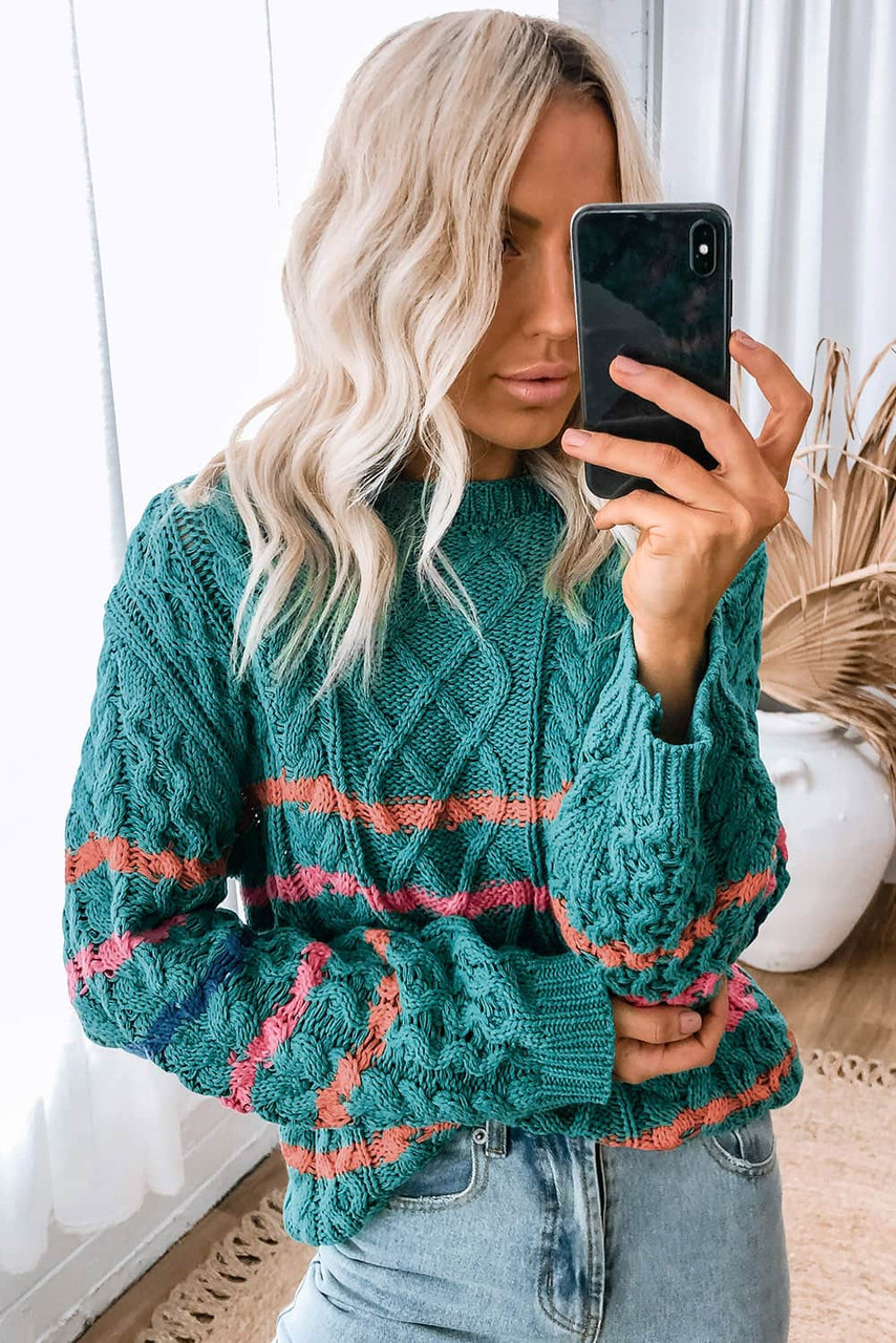 Green Striped Color Block Textured Knit Pullover Sweater