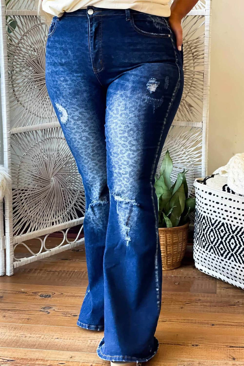 Blue Secluded Leopard Wash Plus Size Jeans