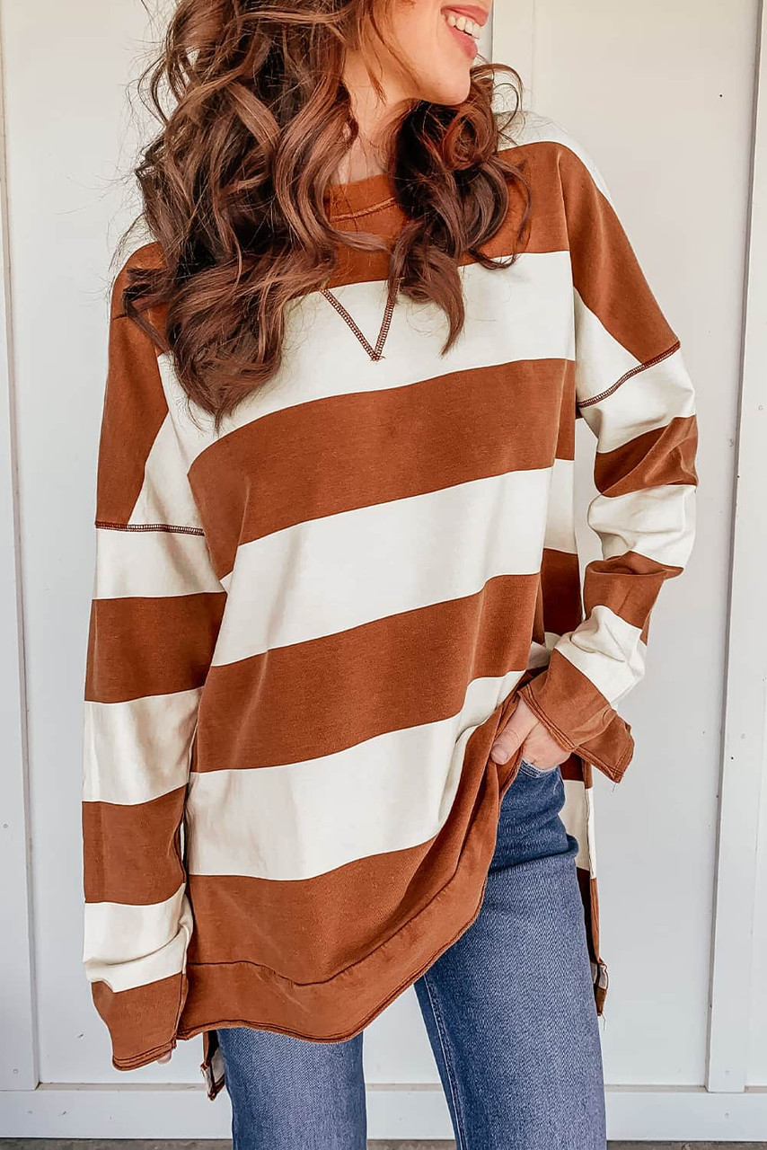 Brown Striped Drop Shoulder Pullover Sweatshirt