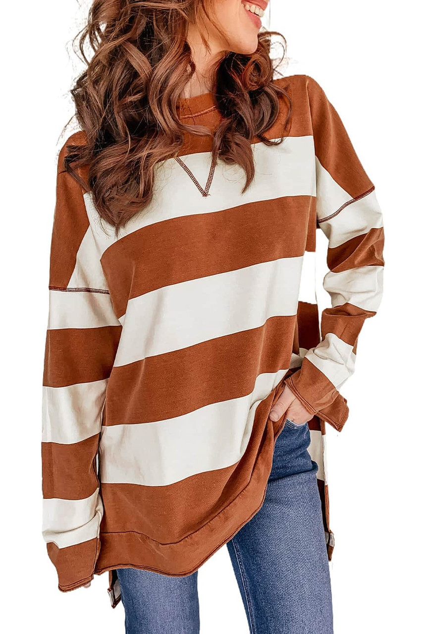 Brown Striped Drop Shoulder Pullover Sweatshirt