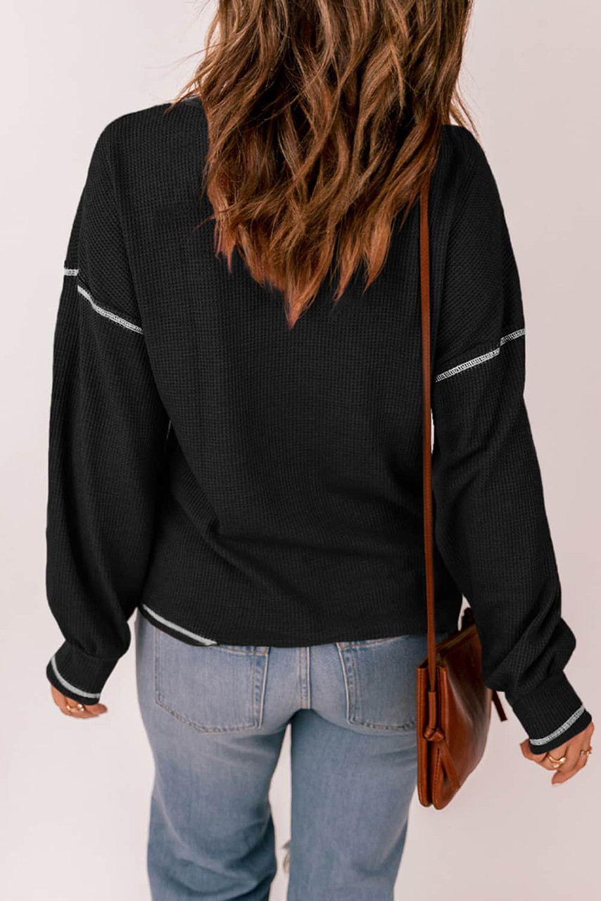 Black Contrast Stitching Trim Waffle Knit Pullover