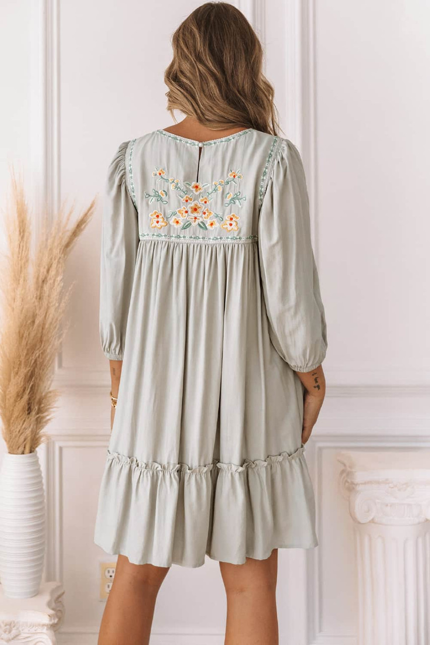 Gray Floral Embroidered Long Sleeve Babydoll Mini Dress