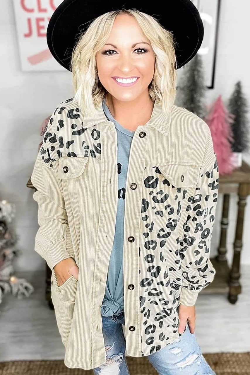 Apricot Leopard Print Detail Pocketed Corduroy Jacket Apricot Leopard Print Detail Pocketed Corduroy Jacket