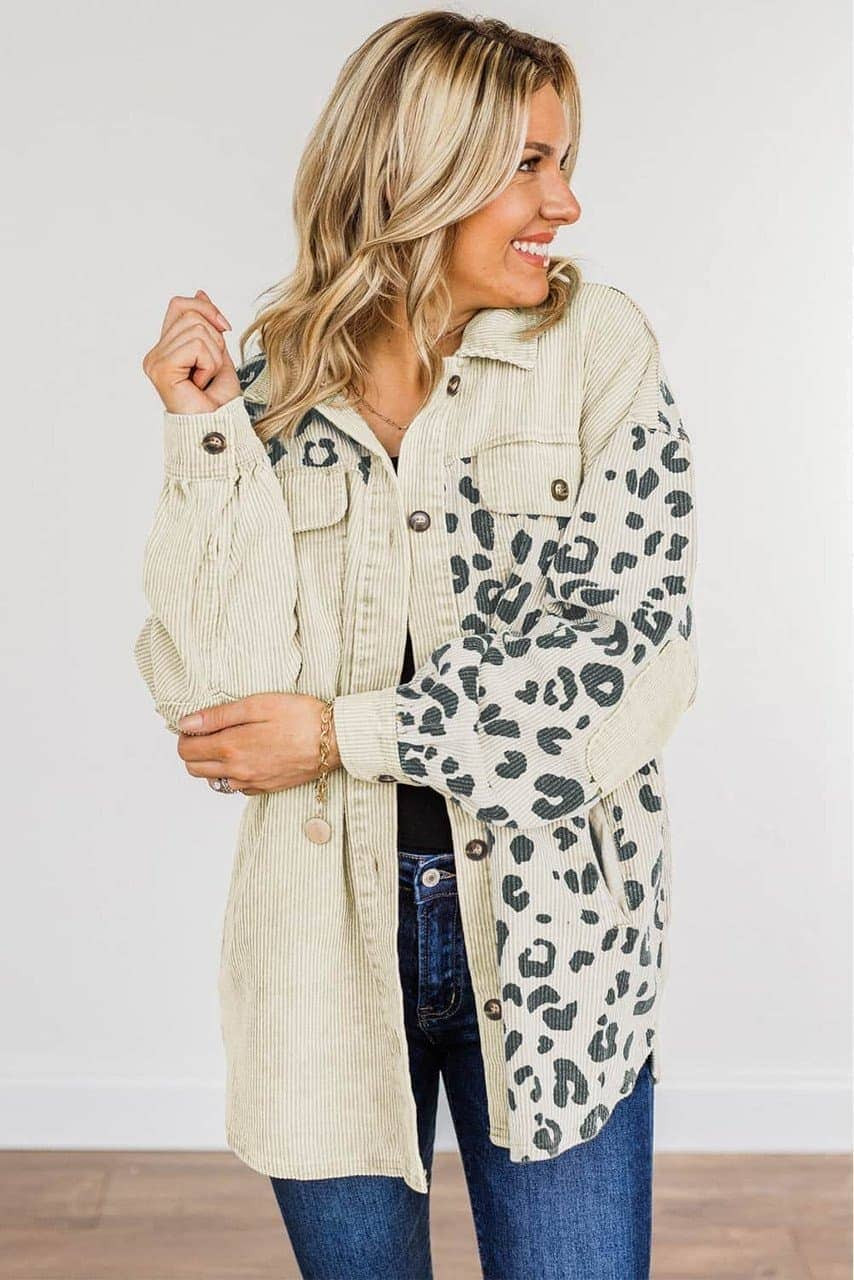 Apricot Leopard Print Detail Pocketed Corduroy Jacket Apricot Leopard Print Detail Pocketed Corduroy Jacket