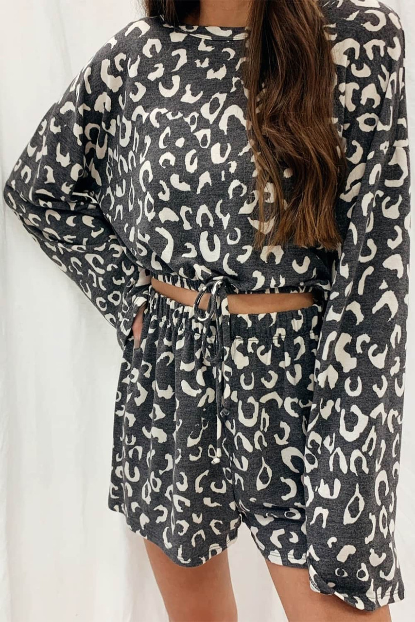Gray Animal Print Long Sleeves Pullover and Shorts Lounge Set Gray Animal Print Long Sleeves Pullover and Shorts Lounge Set