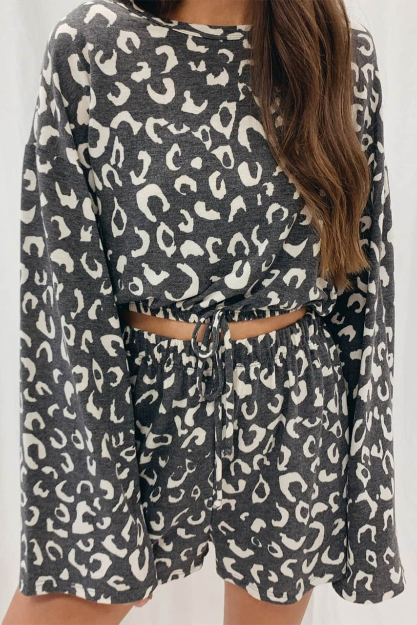 Gray Animal Print Long Sleeves Pullover and Shorts Lounge Set Gray Animal Print Long Sleeves Pullover and Shorts Lounge Set