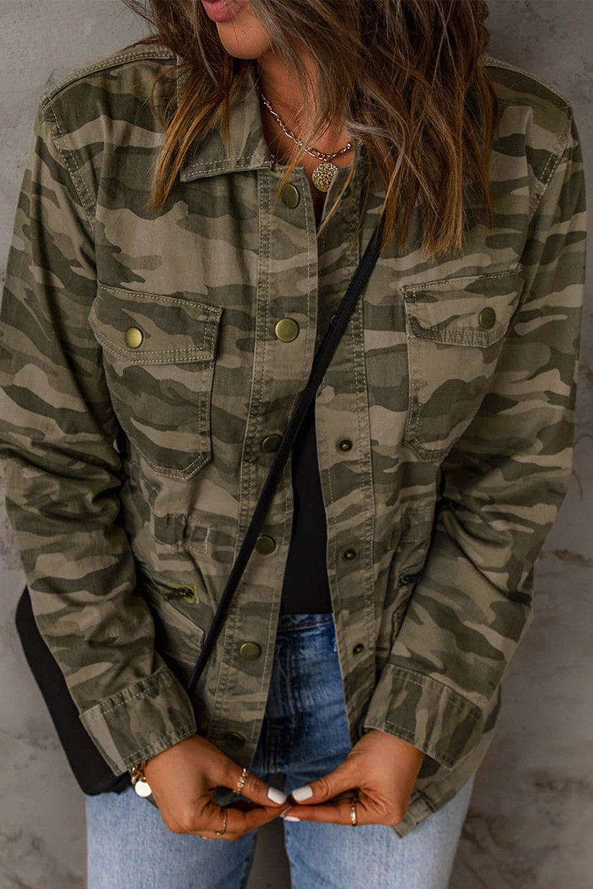 Green Camo Print Multi Pockets Button-up Jacket