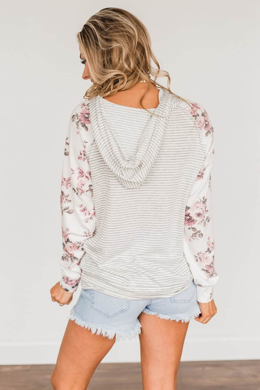 Plus Size Floral Raglan Sleeve Striped Hoodie