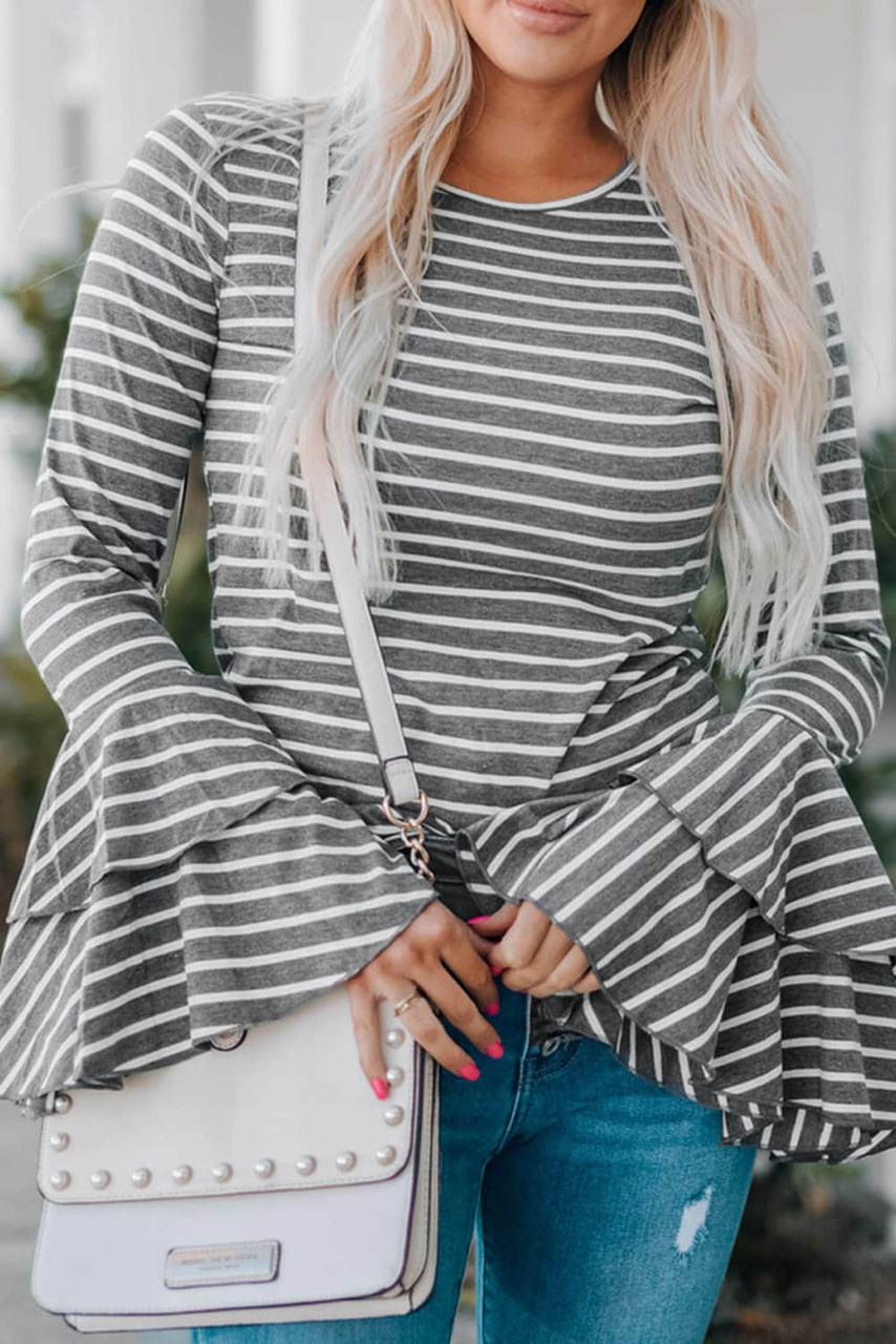 Gray Double Bell Sleeves Stripe Top