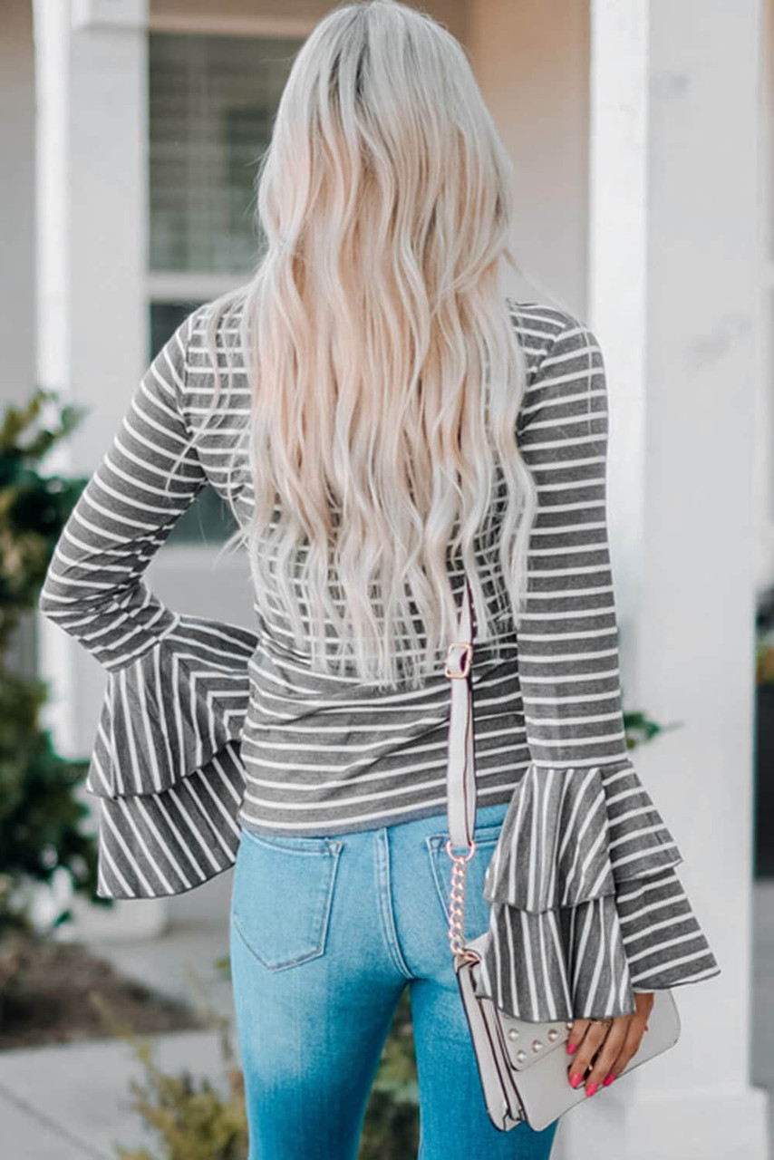 Gray Double Bell Sleeves Stripe Top