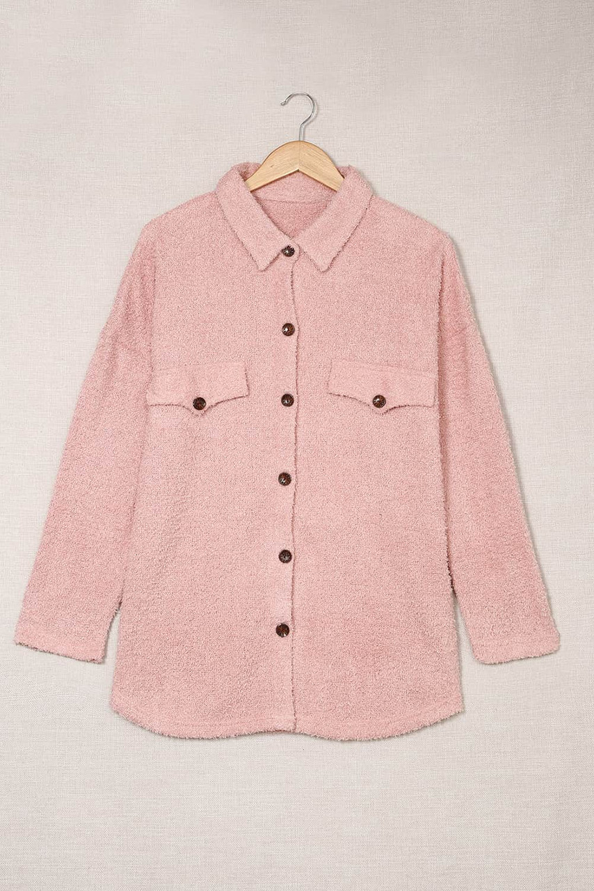 Pink Plush Button Down Pocketed Shirt Jacket