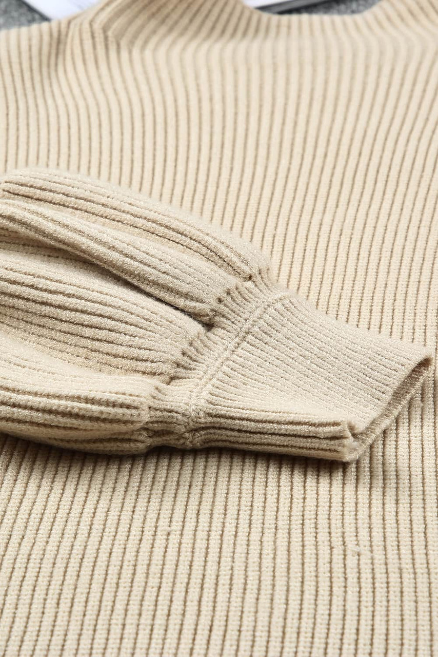 Khaki High Neck Drop Shoulder Rib Knit Sweater