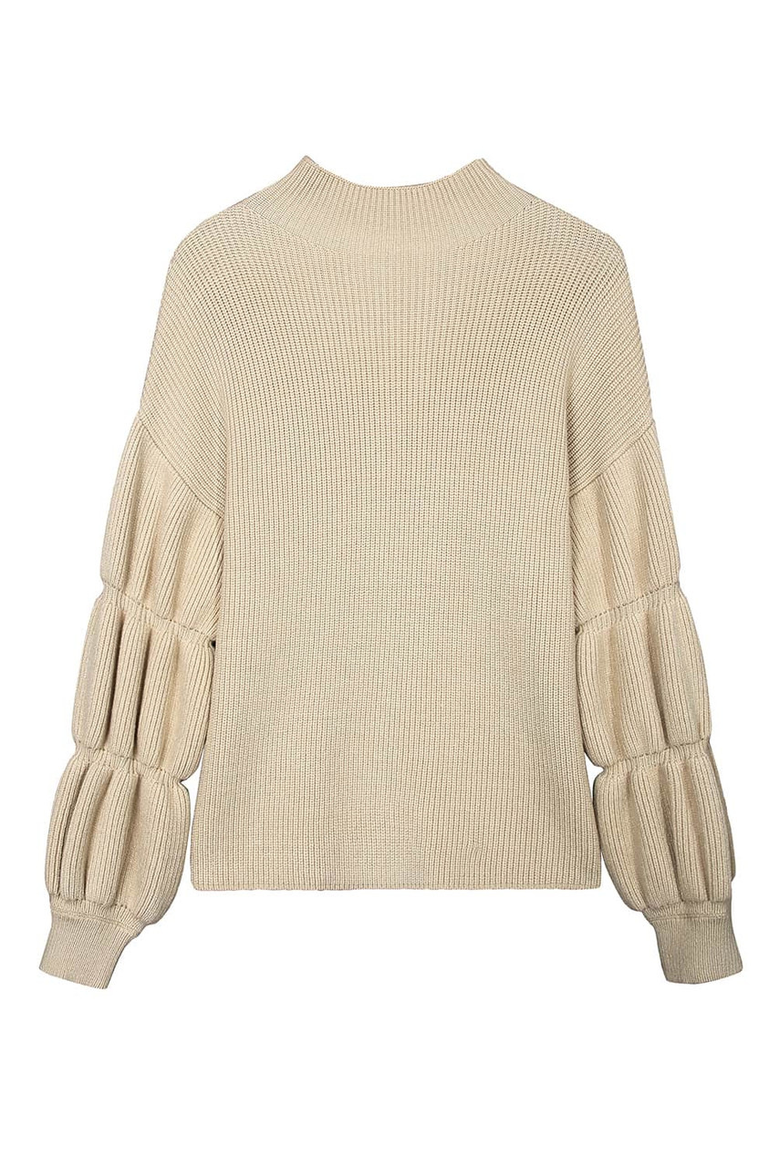 Khaki High Neck Drop Shoulder Rib Knit Sweater