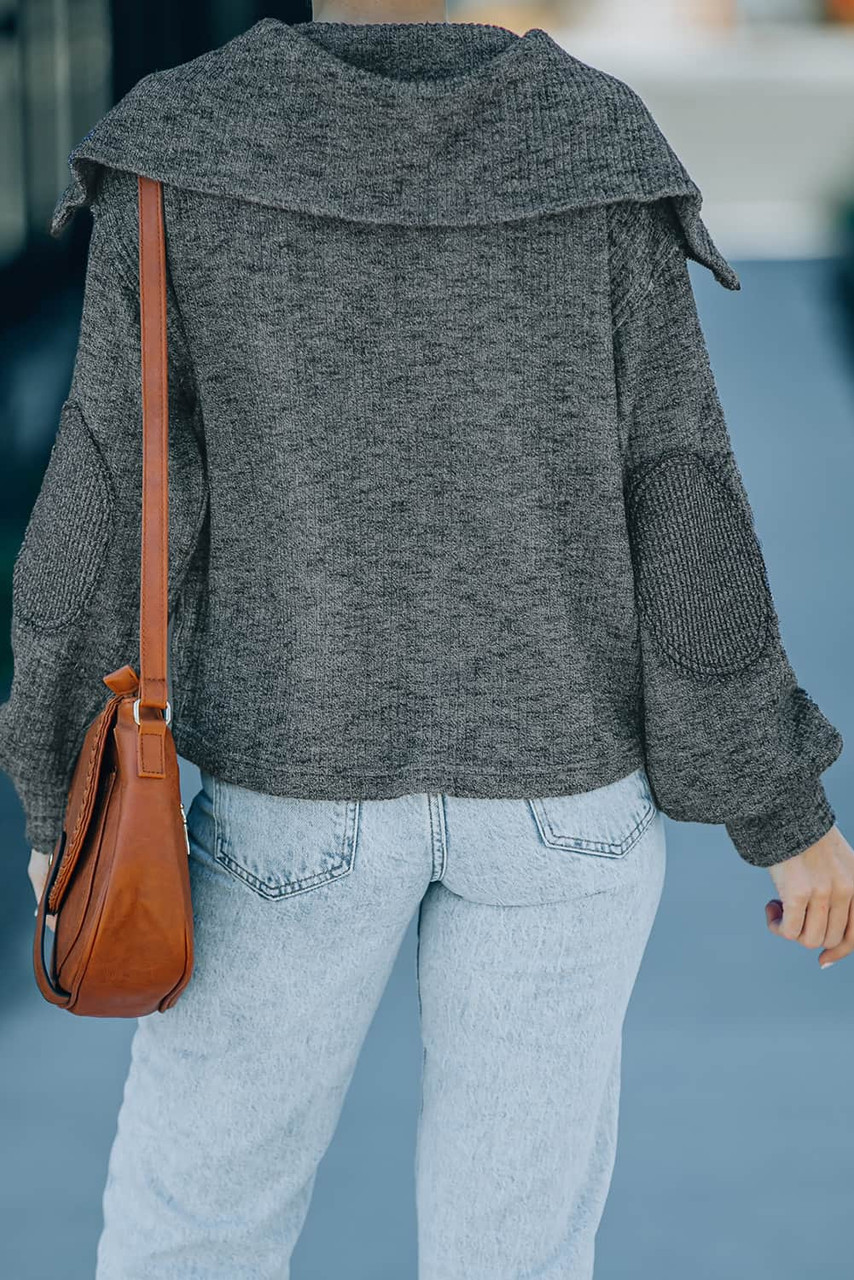 Gray Heather Ribbed Knit Elbow Patch Quarter Zip Pullover