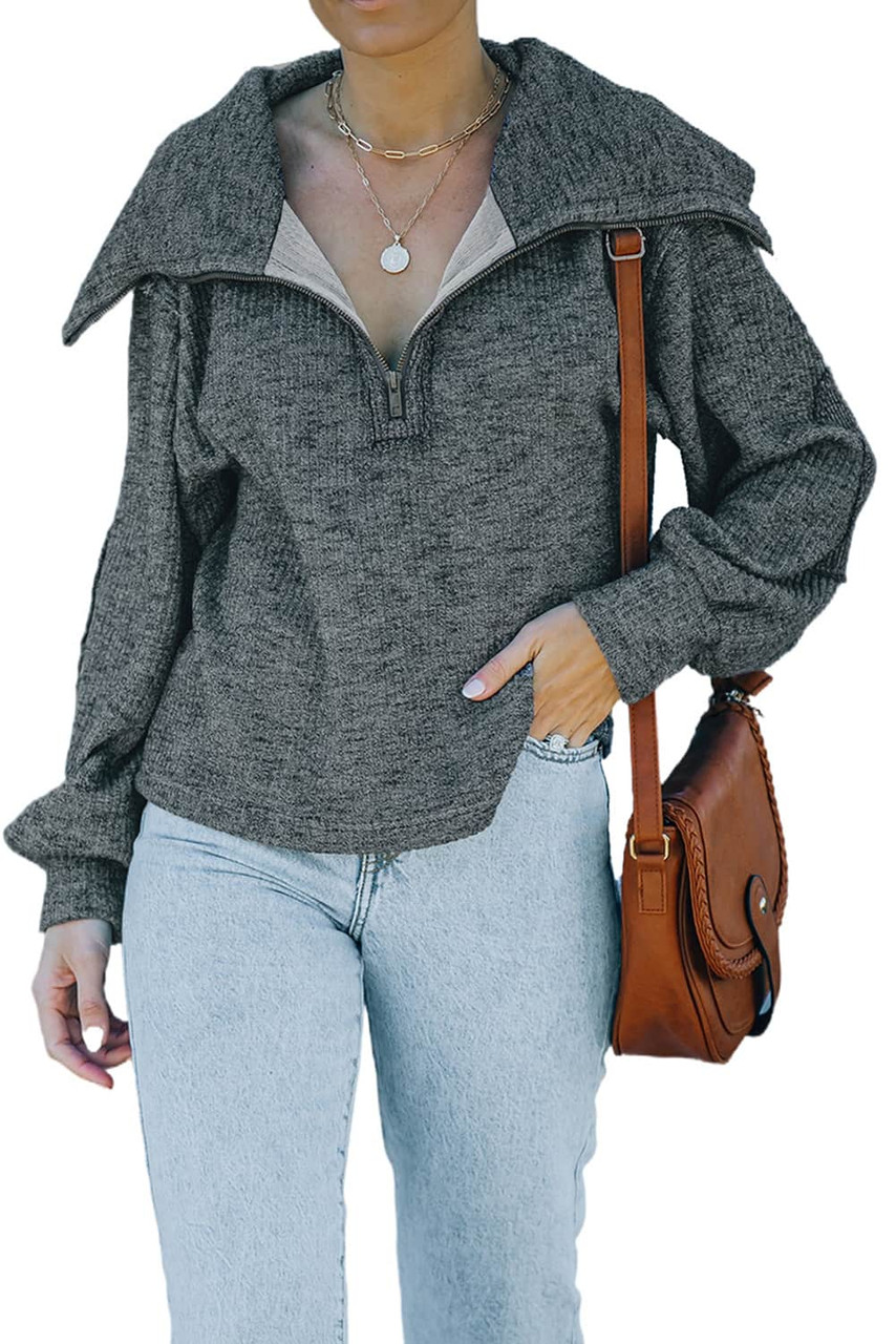 Gray Heather Ribbed Knit Elbow Patch Quarter Zip Pullover