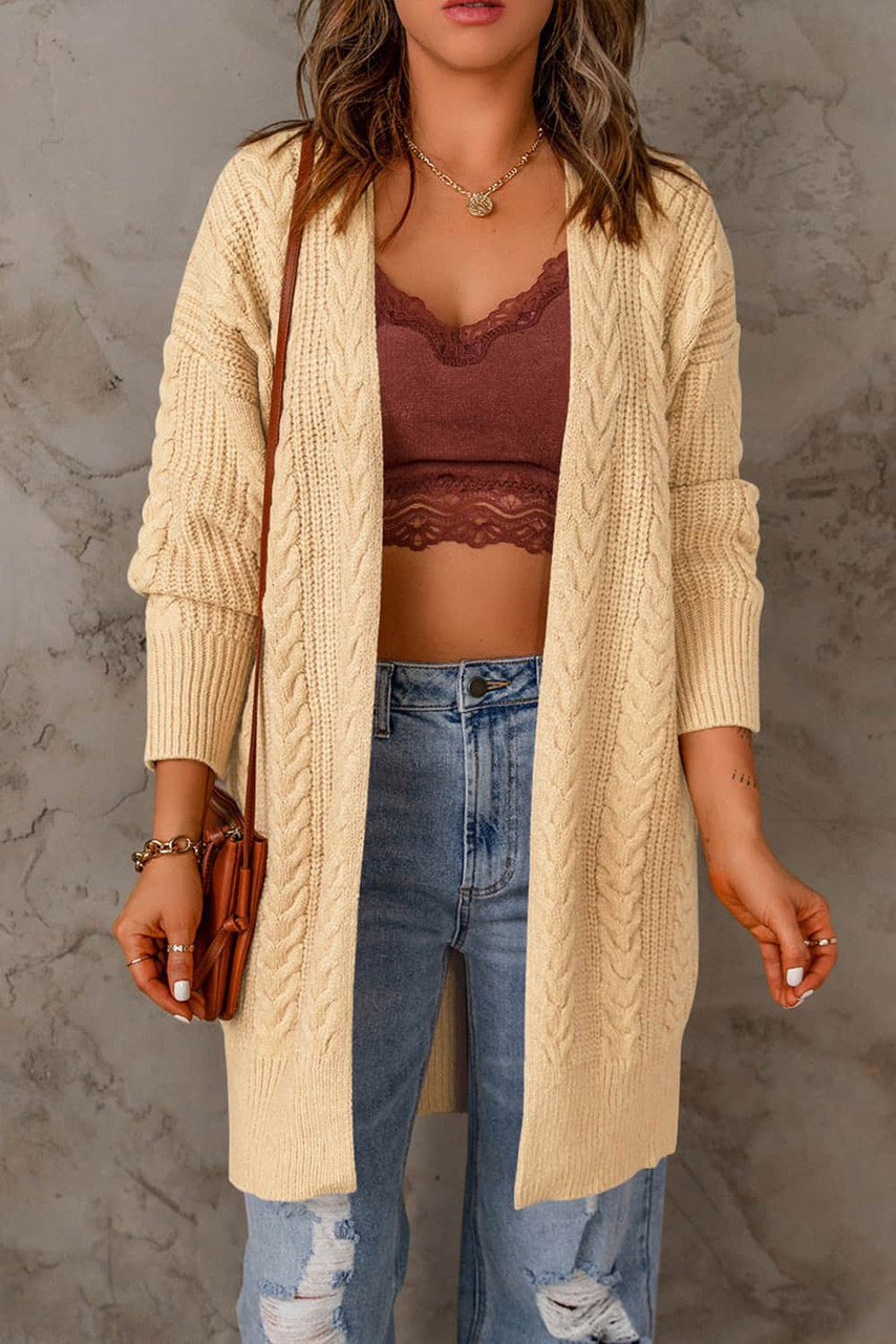 Beige Chunky Knit Open Front Cardigan