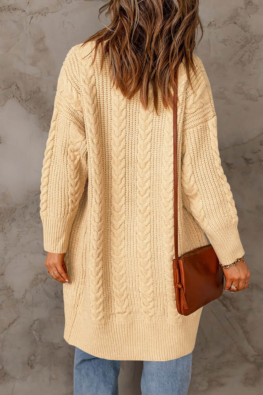 Beige Chunky Knit Open Front Cardigan