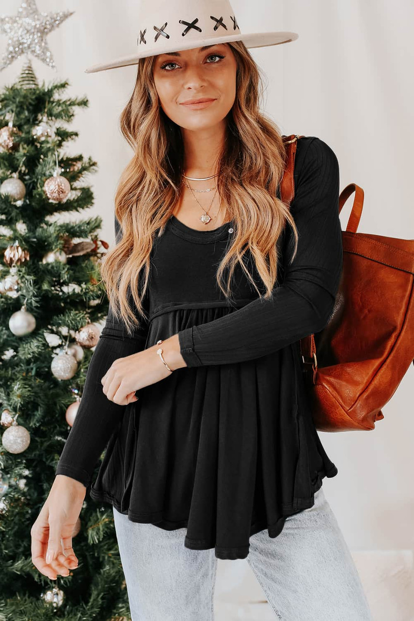 Black Solid Color Buttons Long Sleeve Babydoll Blouse