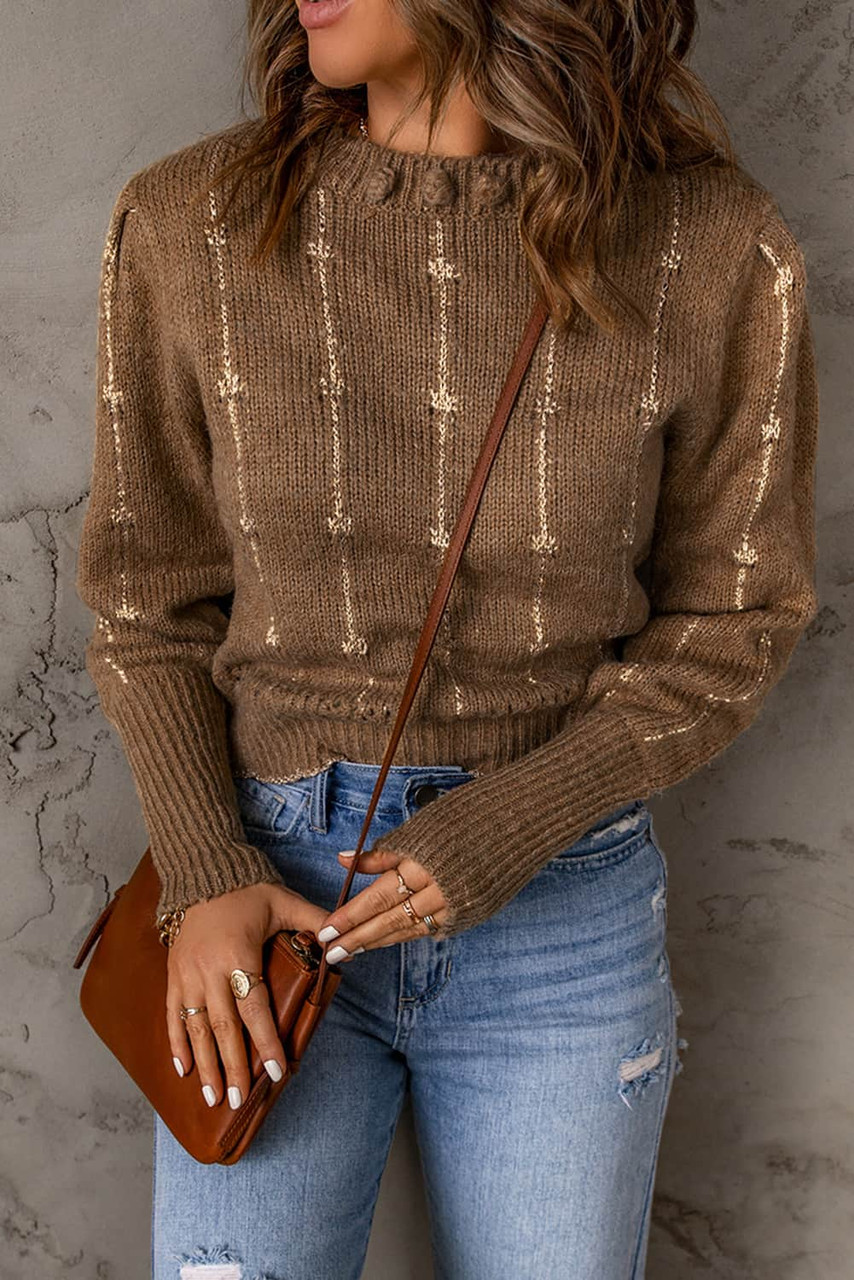 Brown Long Sleeve O-neck Knitted Sweater