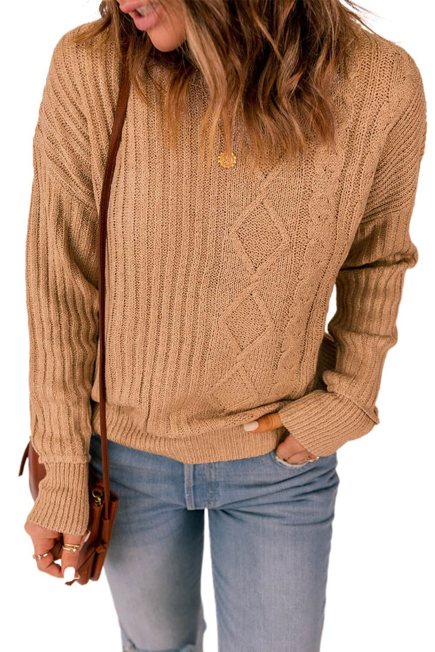 Khaki Multiple Pattern Knit Drop Shoulder Sweater