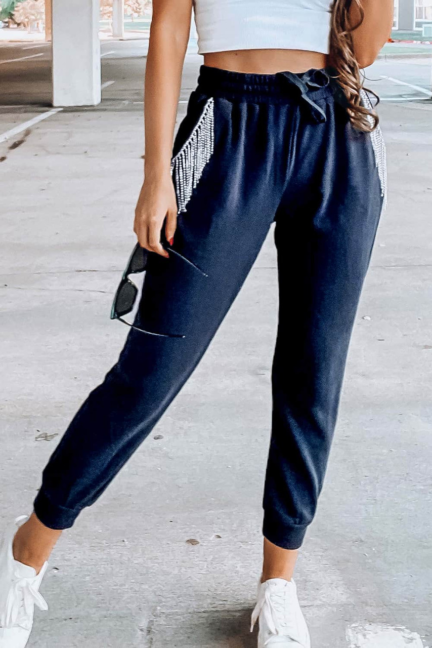 Deep Blue Rhinestone Tassel Trim Pocket Drawstring Jogger Pants