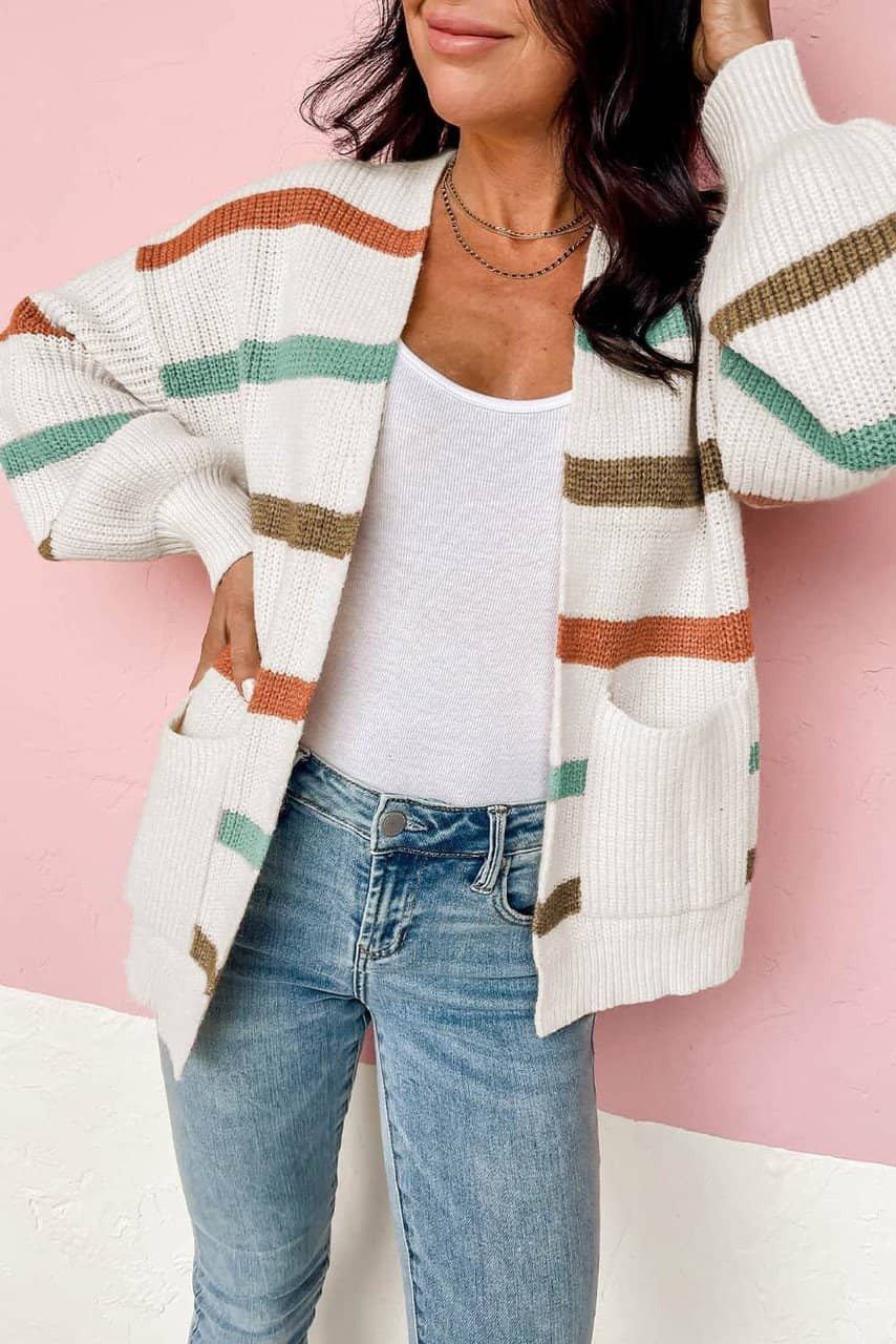 Beige Drop Shoulder Pocketed Stripe Sweater Cardigan Beige Drop Shoulder Pocketed Stripe Sweater Cardigan