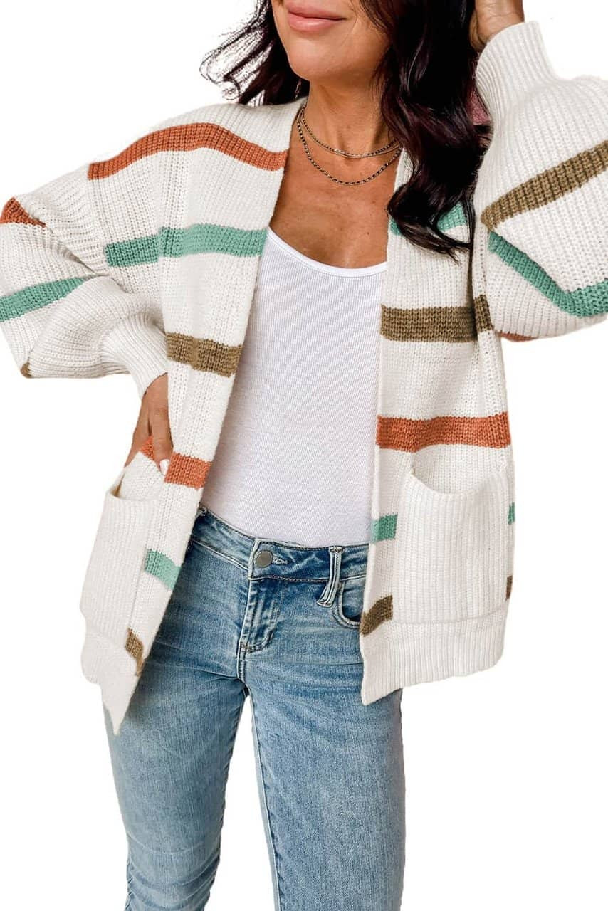 Beige Drop Shoulder Pocketed Stripe Sweater Cardigan Beige Drop Shoulder Pocketed Stripe Sweater Cardigan