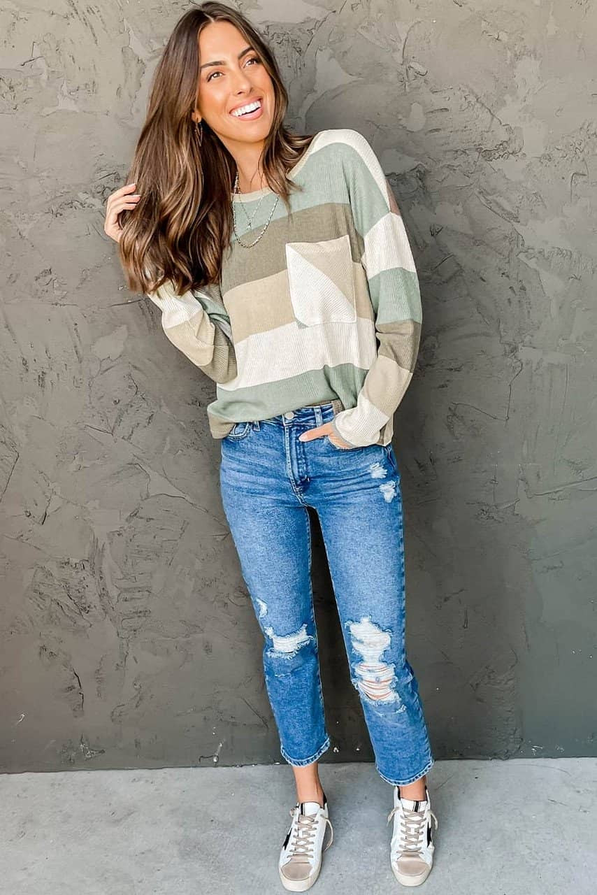 Green Color Block Ribbed Long Sleeve Top with Pocket