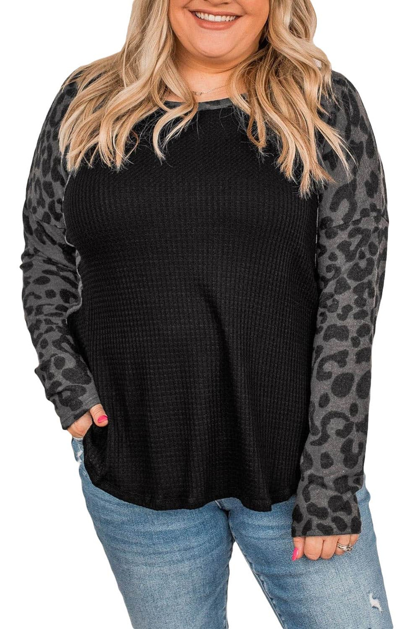 Leopard Raglan Sleeve Waffle Knit Plus Size Top